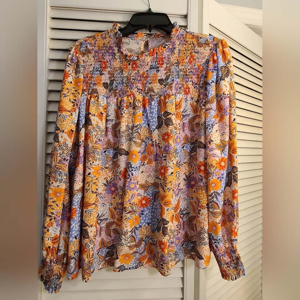 Orange and Purple Ruffled Puff Sleeve Blouse
